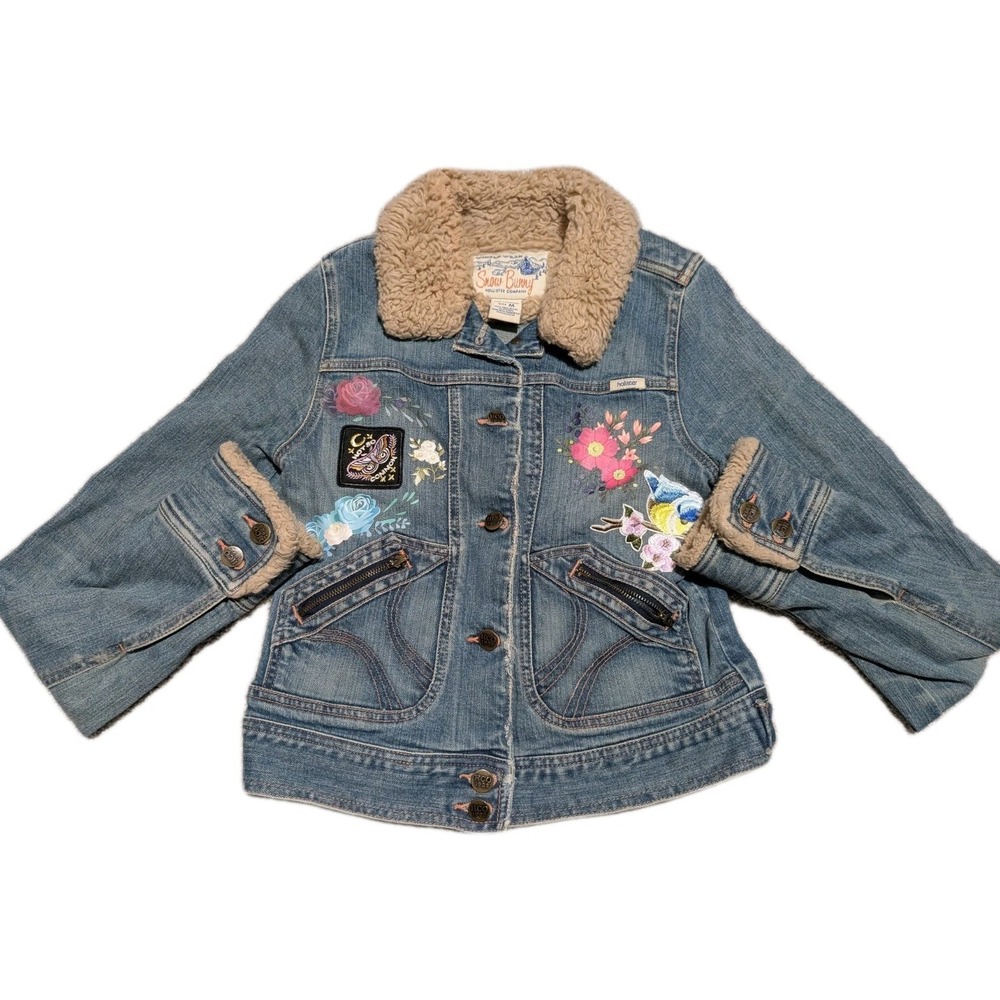 Jean Jacket‎ Hollister Snow Bunny 90's Unicorn Floral Design Embroidery Sherpa M